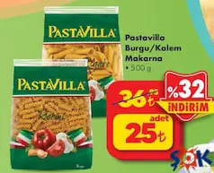 PASTAVİLLA BURGU/KALEM MAKARNA 500 G fiyat ve kampanya bilgisi